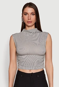 Womens Sleeveless Mock Neck Ruched Side Cropped Blouse, Grey, Size L