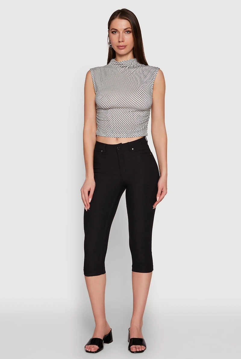Womens Sleeveless Mock Neck Ruched Side Cropped Blouse, Grey, Size L