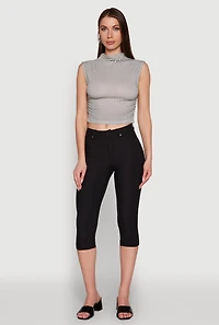 Womens Sleeveless Mock Neck Ruched Side Cropped Blouse, Grey, Size L
