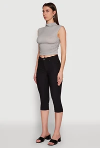 Womens Sleeveless Mock Neck Ruched Side Cropped Blouse, Grey, Size L