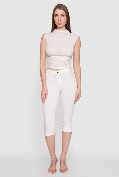 Womens Sleeveless Mock Neck Ruched Side Cropped Blouse, Beige, Size S