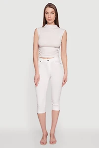 Womens Sleeveless Mock Neck Ruched Side Cropped Blouse, Beige, Size S