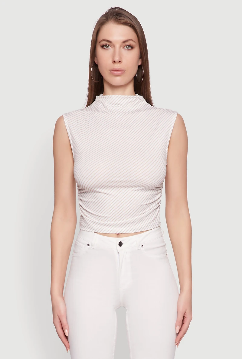 Womens Sleeveless Mock Neck Ruched Side Cropped Blouse, Beige, Size L
