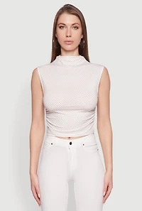 Womens Sleeveless Mock Neck Ruched Side Cropped Blouse, Beige, Size L
