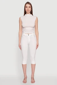 Womens Sleeveless Mock Neck Ruched Side Cropped Blouse, Beige, Size M
