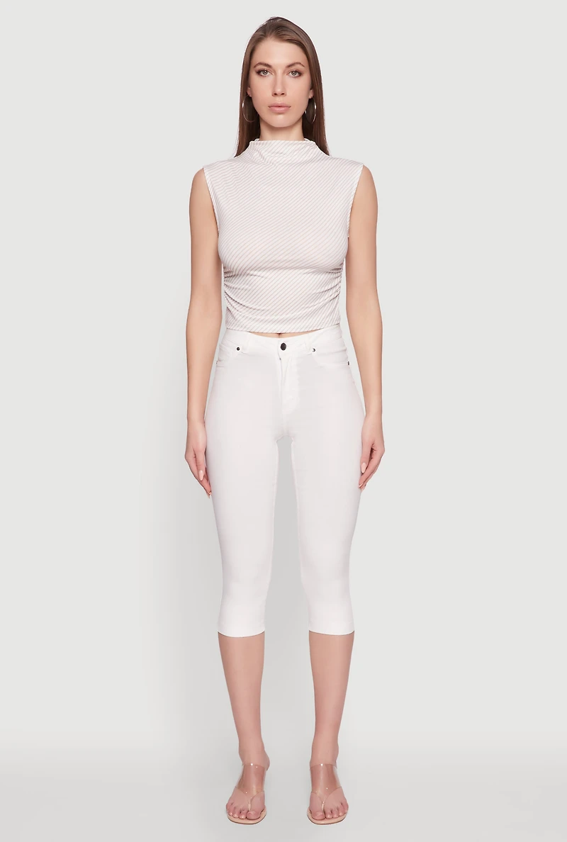 Womens Sleeveless Mock Neck Ruched Side Cropped Blouse, Beige, Size S