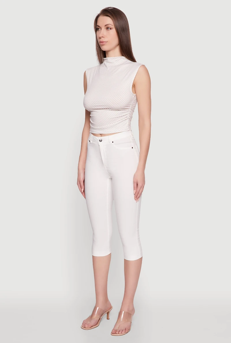 Womens Sleeveless Mock Neck Ruched Side Cropped Blouse, Beige, Size S