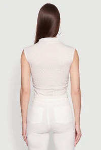 Womens Sleeveless Mock Neck Ruched Side Cropped Blouse, Beige, Size M