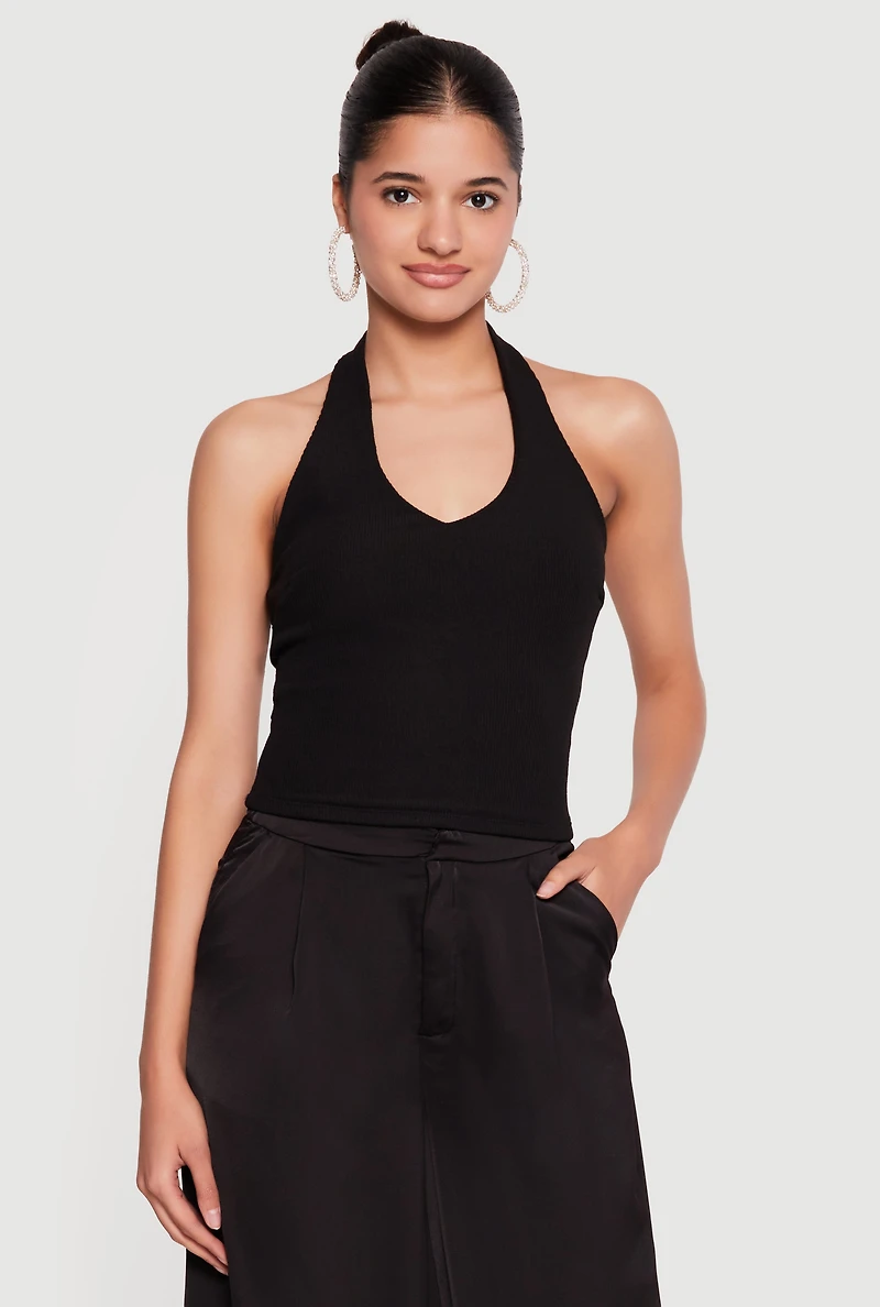Ribbed Knit Open Back Halter Top