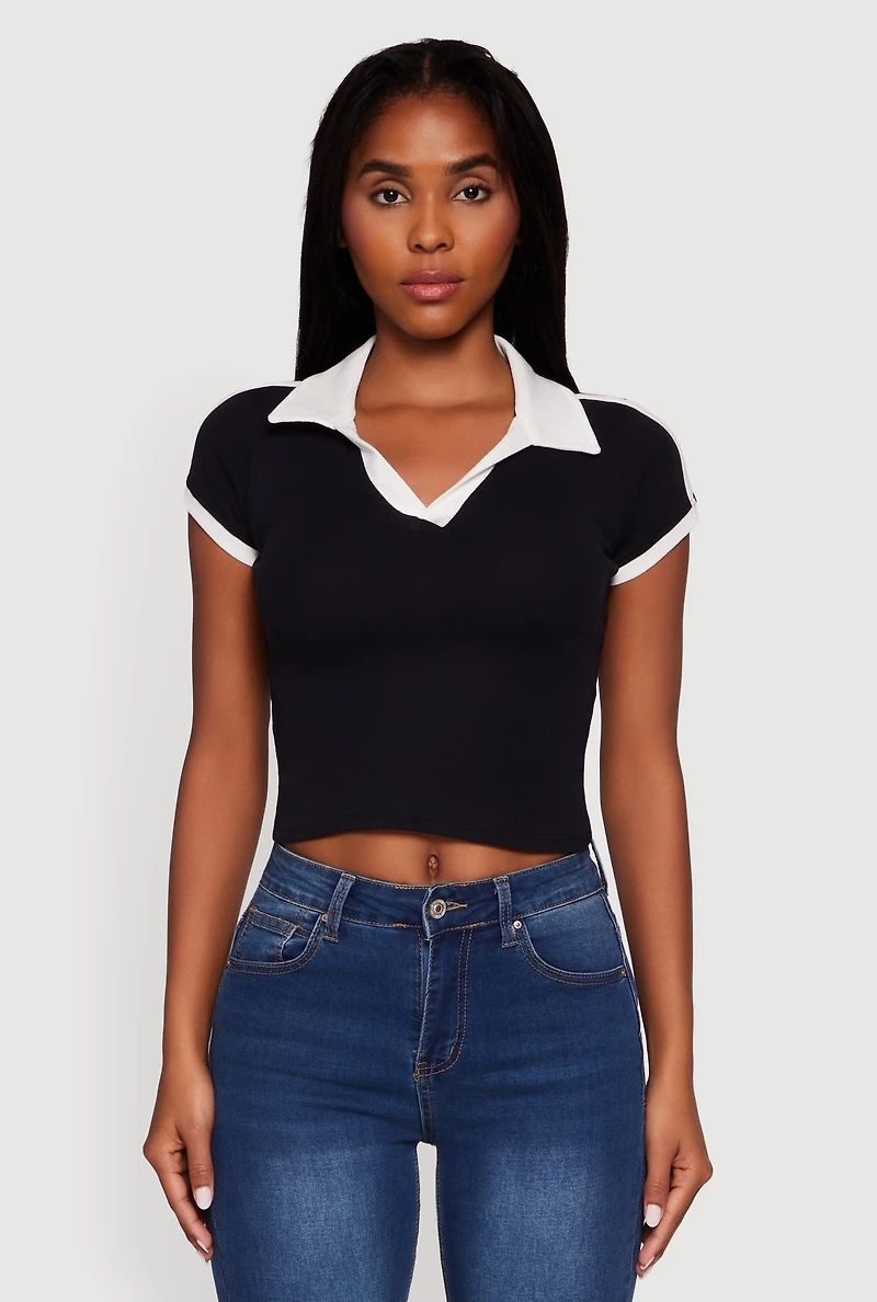 Womens Contrast Trim Cropped Polo Top,