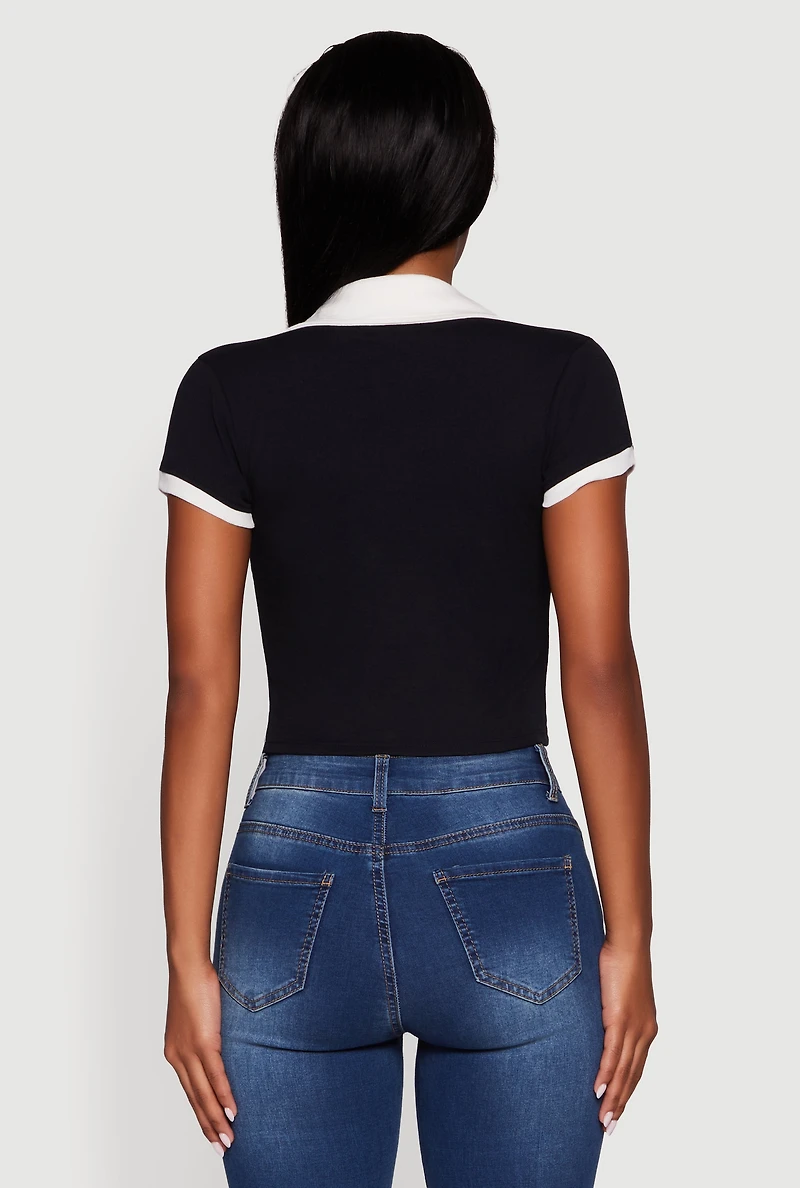 Womens Contrast Trim Cropped Polo Top, Black, Size L