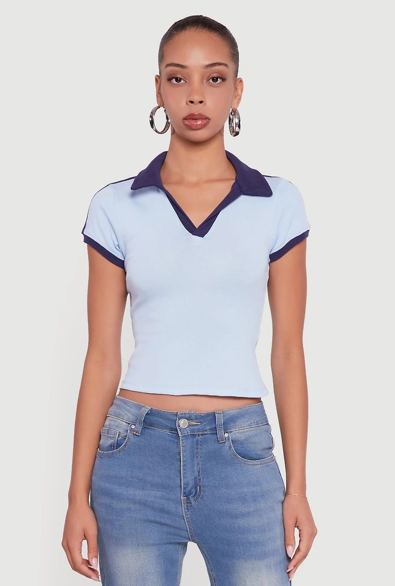 Womens Contrast Trim Cropped Polo Top, Blue, Size L