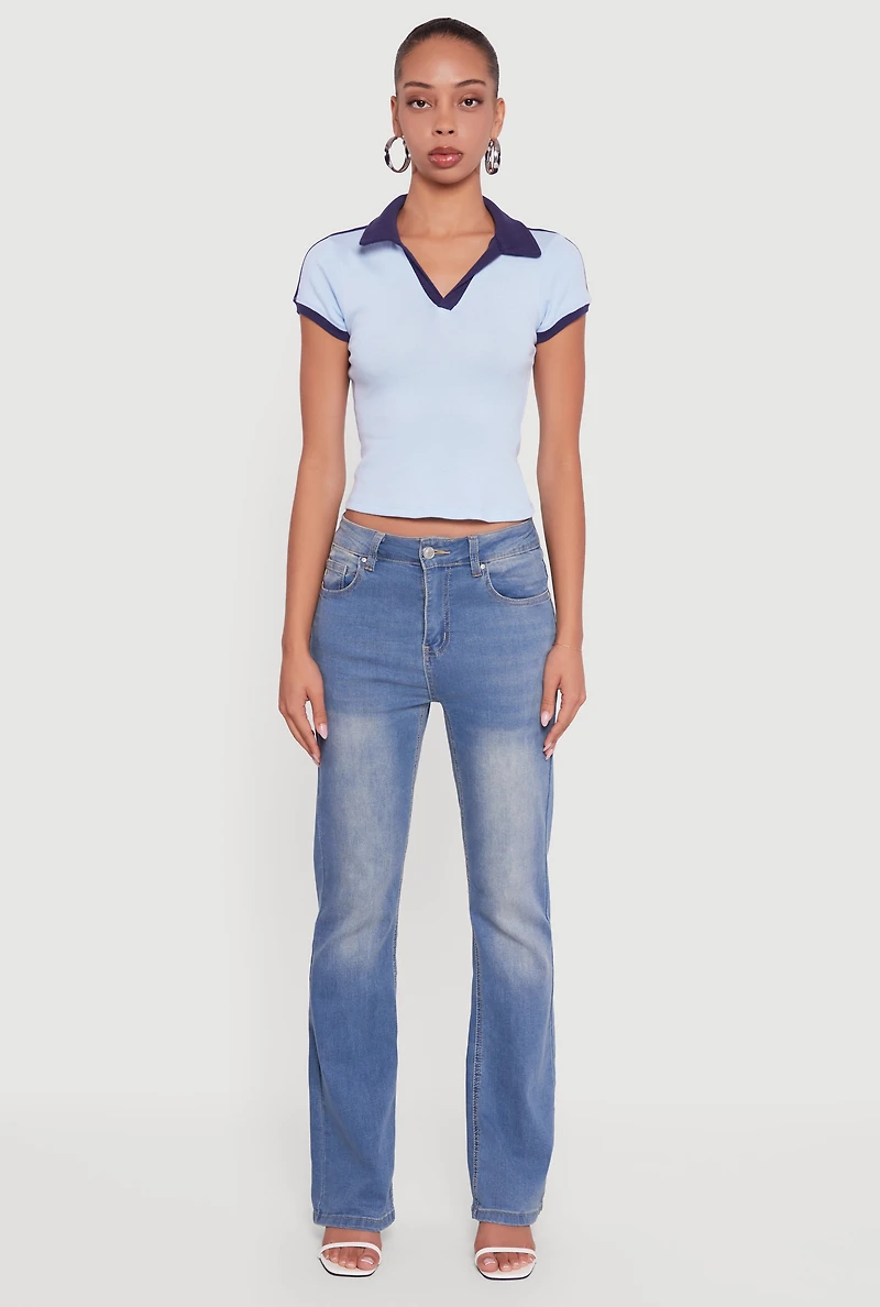 Womens Contrast Trim Cropped Polo Top, Blue, Size L