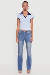 Womens Contrast Trim Cropped Polo Top, Blue, Size L
