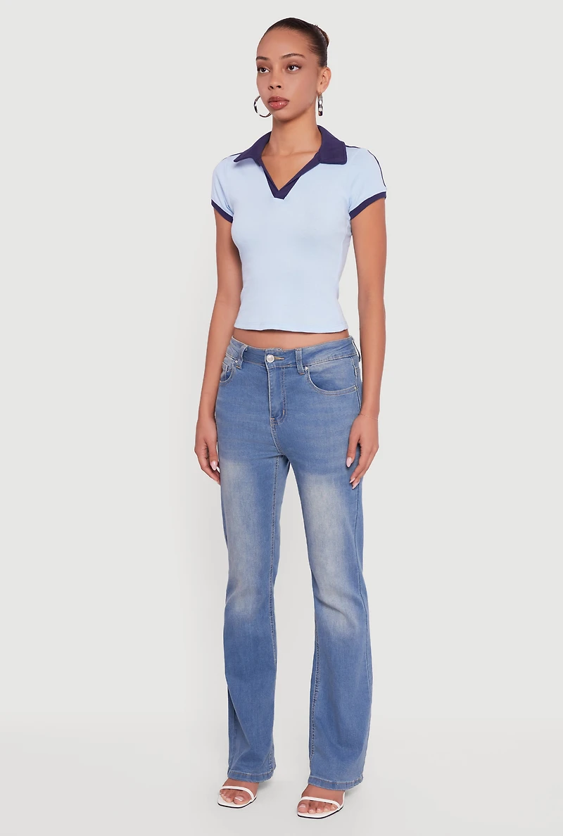 Womens Contrast Trim Cropped Polo Top, Blue, Size L