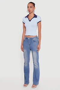 Womens Contrast Trim Cropped Polo Top, Blue, Size L