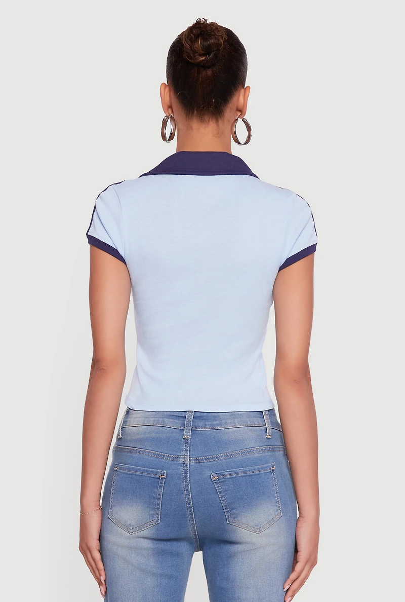 Womens Contrast Trim Cropped Polo Top, Blue, Size L