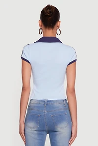 Womens Contrast Trim Cropped Polo Top, Blue, Size L