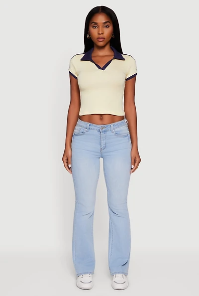 Womens Contrast Trim Cropped Polo Top, Yellow, Size S