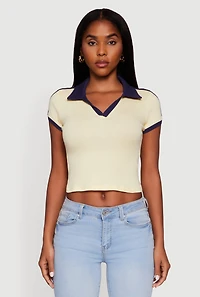 Womens Contrast Trim Cropped Polo Top, Yellow, Size S