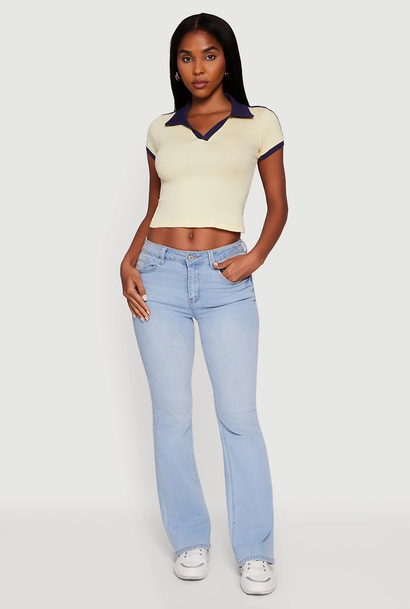Womens Contrast Trim Cropped Polo Top, Yellow, Size S