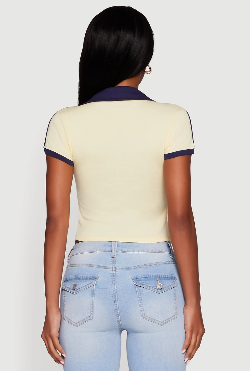Womens Contrast Trim Cropped Polo Top, Yellow, Size S