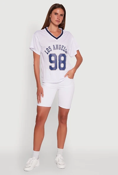 Womens Iris Los Angeles 98 Graphic V-Neck Jersey, White,