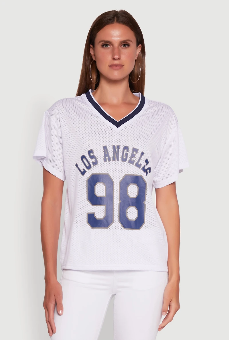 Womens Iris Los Angeles 98 Graphic V-Neck Jersey, White,
