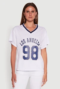 Womens Iris Los Angeles 98 Graphic V-Neck Jersey, White,