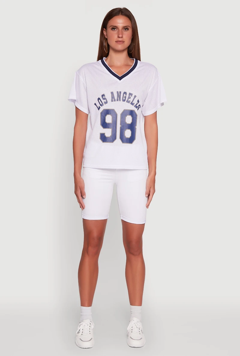 Womens Iris Los Angeles 98 Graphic V-Neck Jersey, White,