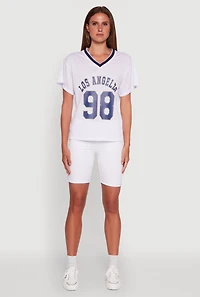 Womens Iris Los Angeles 98 Graphic V-Neck Jersey, White,