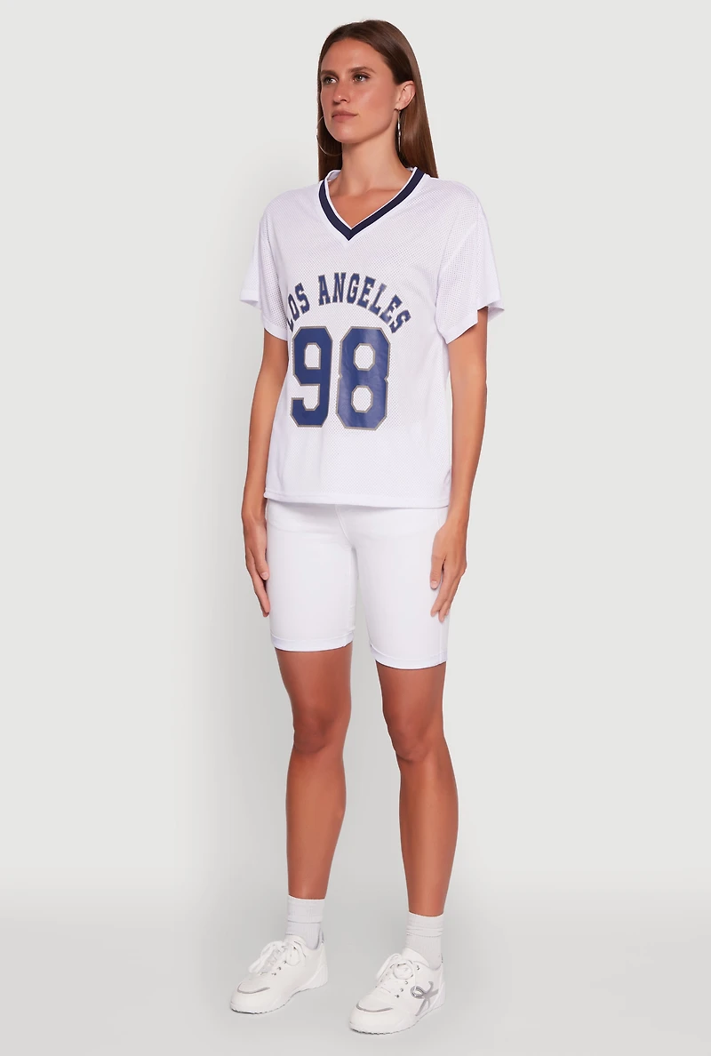 Womens Iris Los Angeles 98 Graphic V-Neck Jersey, White,
