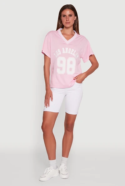 Womens Iris Los Angeles 98 Graphic V-Neck Jersey, Pink, Size M