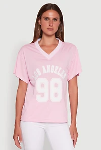 Womens Iris Los Angeles 98 Graphic V-Neck Jersey, Pink, Size M