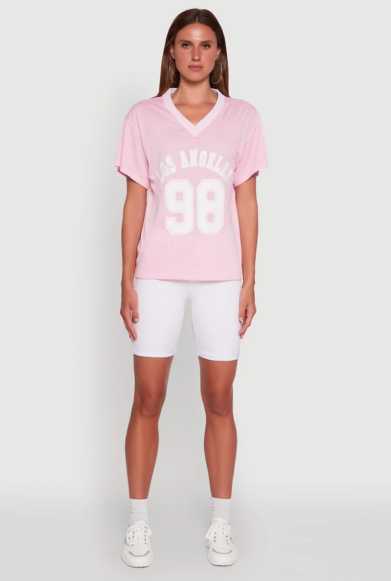 Womens Iris Los Angeles 98 Graphic V-Neck Jersey, Pink, Size M