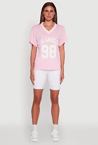 Womens Iris Los Angeles 98 Graphic V-Neck Jersey, Pink, Size M