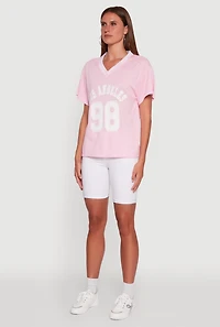 Womens Iris Los Angeles 98 Graphic V-Neck Jersey, Pink, Size M