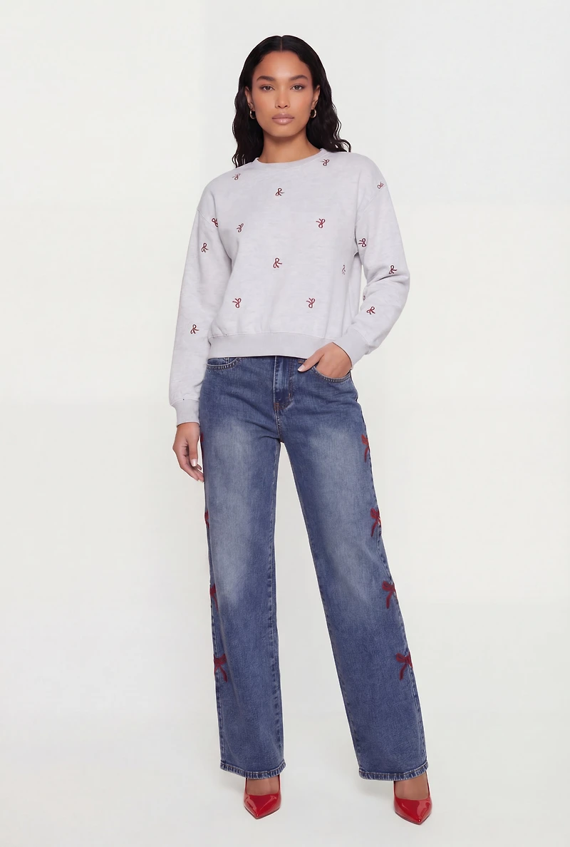 Embroidered Bow Long Sleeve Crew Neck Pullover Sweatshirt