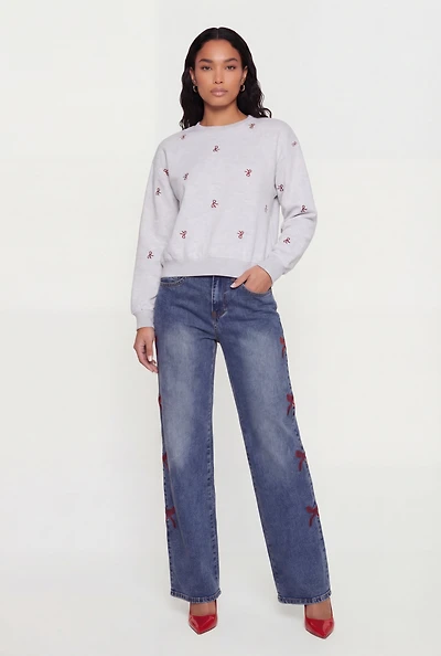Embroidered Bow Long Sleeve Crew Neck Pullover Sweatshirt