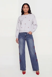 Embroidered Bow Long Sleeve Crew Neck Pullover Sweatshirt