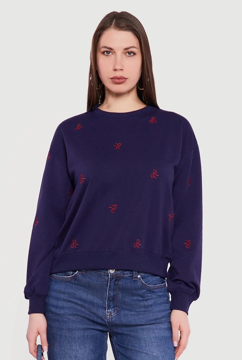 Embroidered Bow Long Sleeve Crew Neck Pullover Sweatshirt