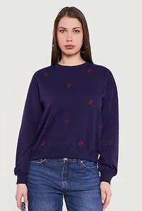 Embroidered Bow Long Sleeve Crew Neck Pullover Sweatshirt