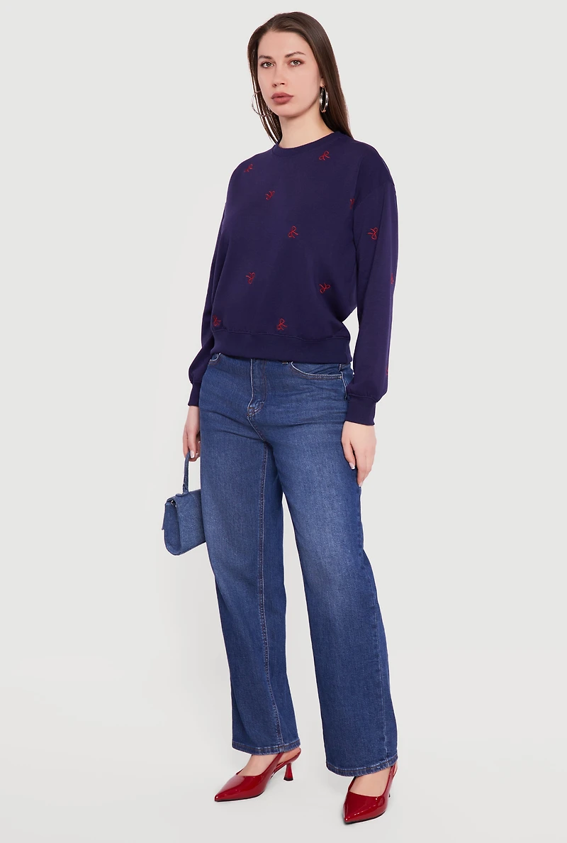 Embroidered Bow Long Sleeve Crew Neck Pullover Sweatshirt