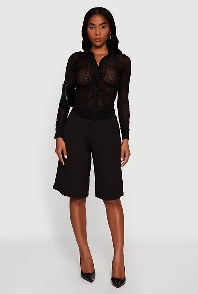 Womens Dalmatian Velvet Burnout Mesh Blouse with Button Front, Black, Size M