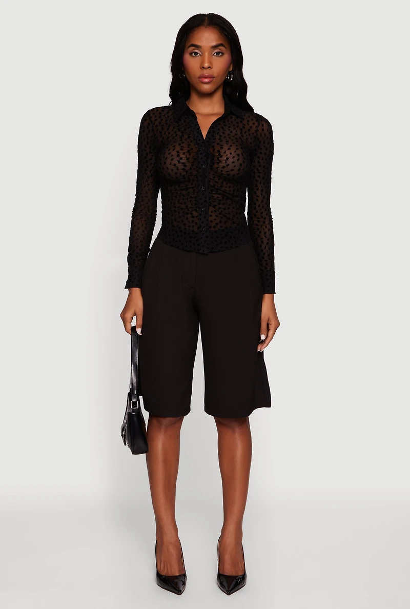 Womens Dalmatian Velvet Burnout Mesh Blouse with Button Front, Black, Size M