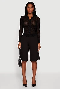 Womens Dalmatian Velvet Burnout Mesh Blouse with Button Front, Black, Size M