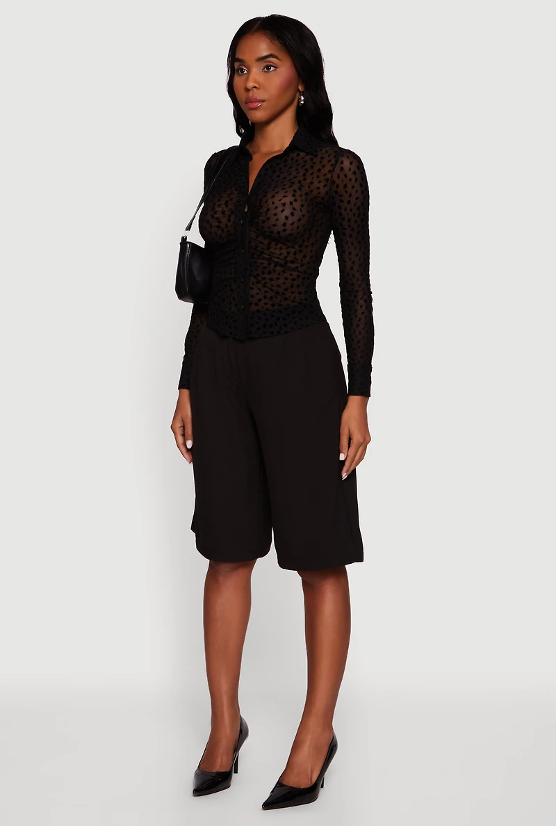 Womens Dalmatian Velvet Burnout Mesh Blouse with Button Front, Black, Size M