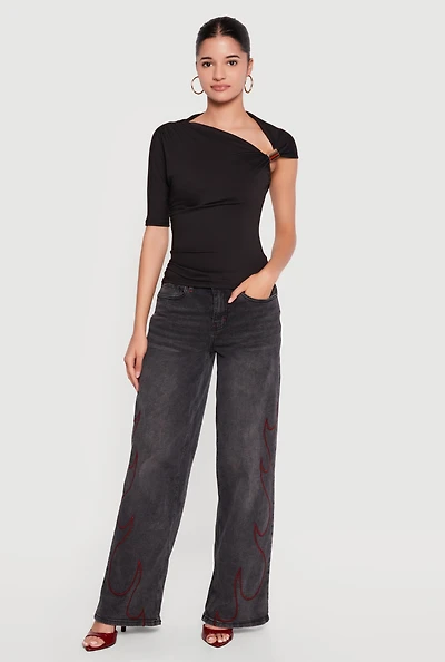 Metallic Detail Asymmetrical Neck Blouse
