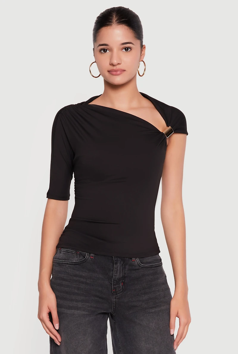 Metallic Detail Asymmetrical Neck Blouse