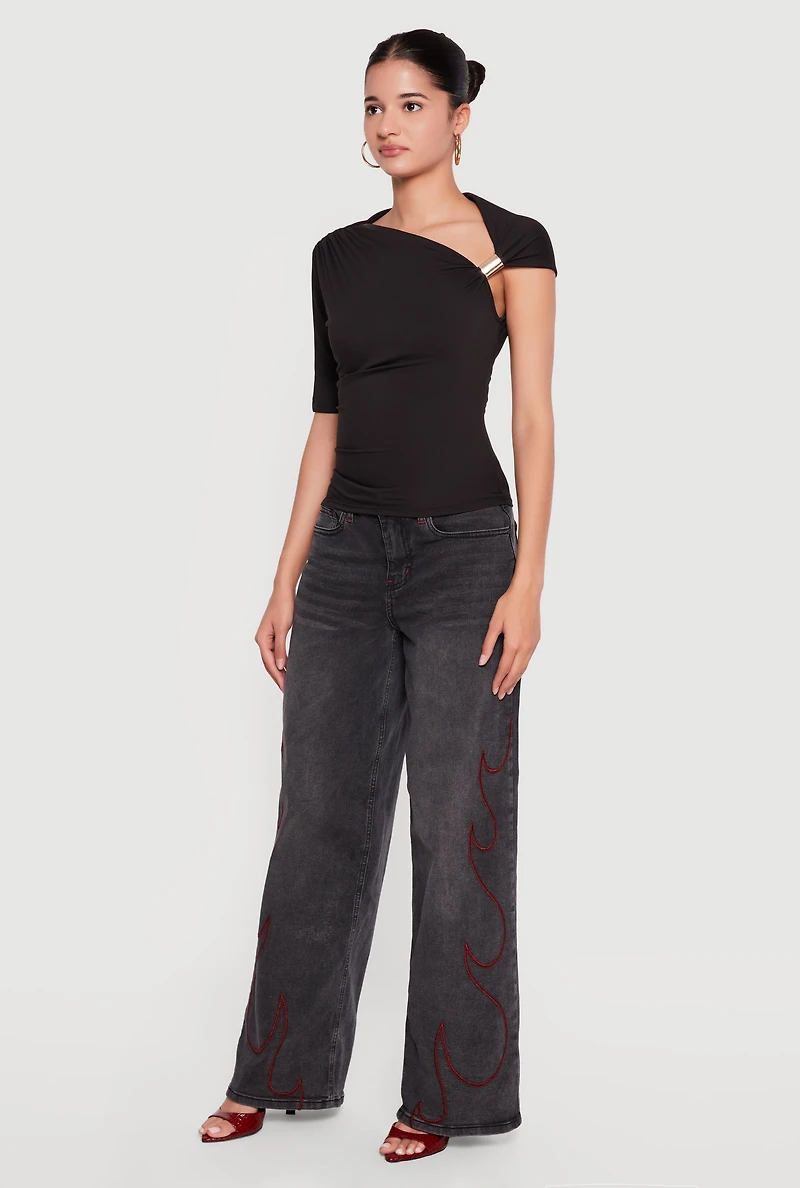Metallic Detail Asymmetrical Neck Blouse